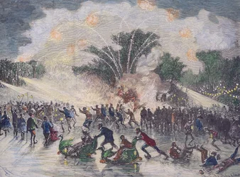 Eislaufparty im Bois de Boulogne, Paris, graviert von Charles Maurand